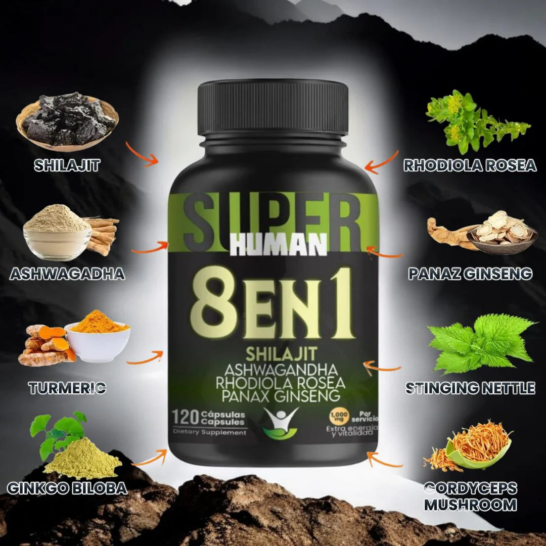 8 En 1 Cápsulas - Shilajit Ashwagandha Rhodiola Rosea Panax y Ginseng - 120 Cápsulas + Envio Gratis