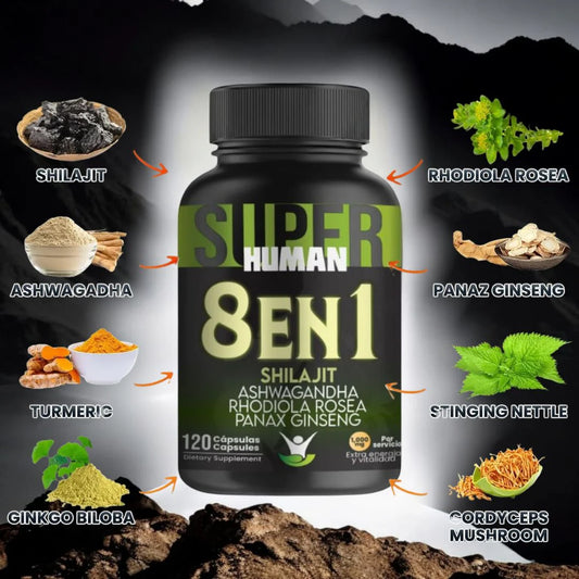 8 En 1 Cápsulas - Shilajit Ashwagandha Rhodiola Rosea Panax y Ginseng - 120 Cápsulas + Envio Gratis